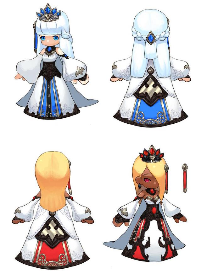 the image showcases concept art for two color variations of a female character, likely a princess, designed in a cute, chibilike style. the character has blonde hair styled in a long braid with a decorative element. she wears a regal dress with a long train, featuring gold and black accents. the top color palette switches between white and blue, and white and red. the crown also changes color to match the dress, featuring blue gems in the former and red gems in the latter. the art includes front and back views of the character for each color variation.