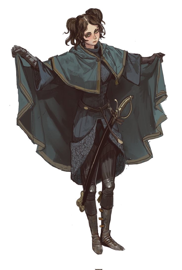 a digital illustration of a woman dressed in a blue and grey fantasy knight outfit, holding up a long blue cape with her right hand and her left hand is on the left side of the cloak. the woman is holding a sword in her left hand. she has brown hair in two ponytails, blue eyes and is wearing boots. the background is white.