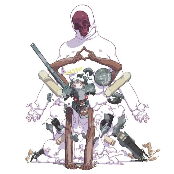 this digital illustration depicts a white hooded figure with a skull face. the figure is posed in a semilotus position, with its arms outstretched and its hands forming a heart shape. however, the figure is actually made up of several parts, including a black tank and a monstrous creature. the tank is partially visible in the middle of the image, and the creature is emerging from the cloud at the bottom of the image. the figure is surrounded by a white cloud, and it is wearing a halo. the background is white. this illustration is both surreal and abstract, creating a sense of disquiet and unease.