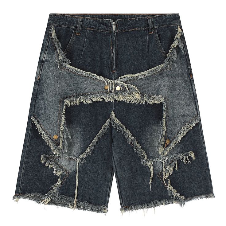 a pair of distressed denim shorts with a patchwork design and frayed edges. the shorts are a dark wash and have a relaxed fit. the frayed edges give the shorts a vintage and edgy look. the shorts would be a great addition to any casual wardrobe and can be dressed up or down.