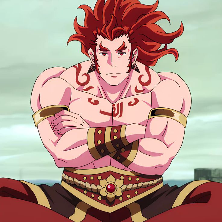 a muscular, redhaired anime character with tattoos sits with his arms crossed and a serious expression on his face.  he is wearing a gold and red belt and a red and gold bracelet.