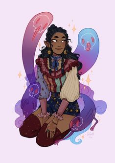 the illustration showcases a young woman with dark skin and long, curly black hair. she's adorned in a vibrant outfit that blends modern and fantasy elements. her attire includes a ruffled, offtheshoulder top with puffed sleeves, a starpatterned skirt, and thighhigh stockings. she's surrounded by playful, stylized ghosts in shades of purple and blue, each with unique expressions. the background is a solid lavender color, focusing attention on the character and the ghostly figures.