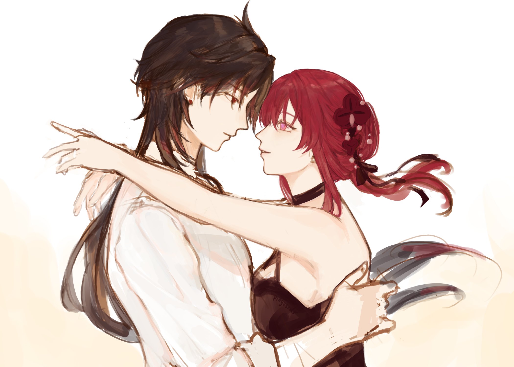 an anime couple, a man and woman,  are hugging and looking into each other's eyes with love and affection. the man is wearing a white shirt with a black bow tie, and the woman is wearing a black dress. they are both smiling softly at each other. the woman has long red hair and the man has long black hair.  the background is simple and blurred, focusing on the couple.