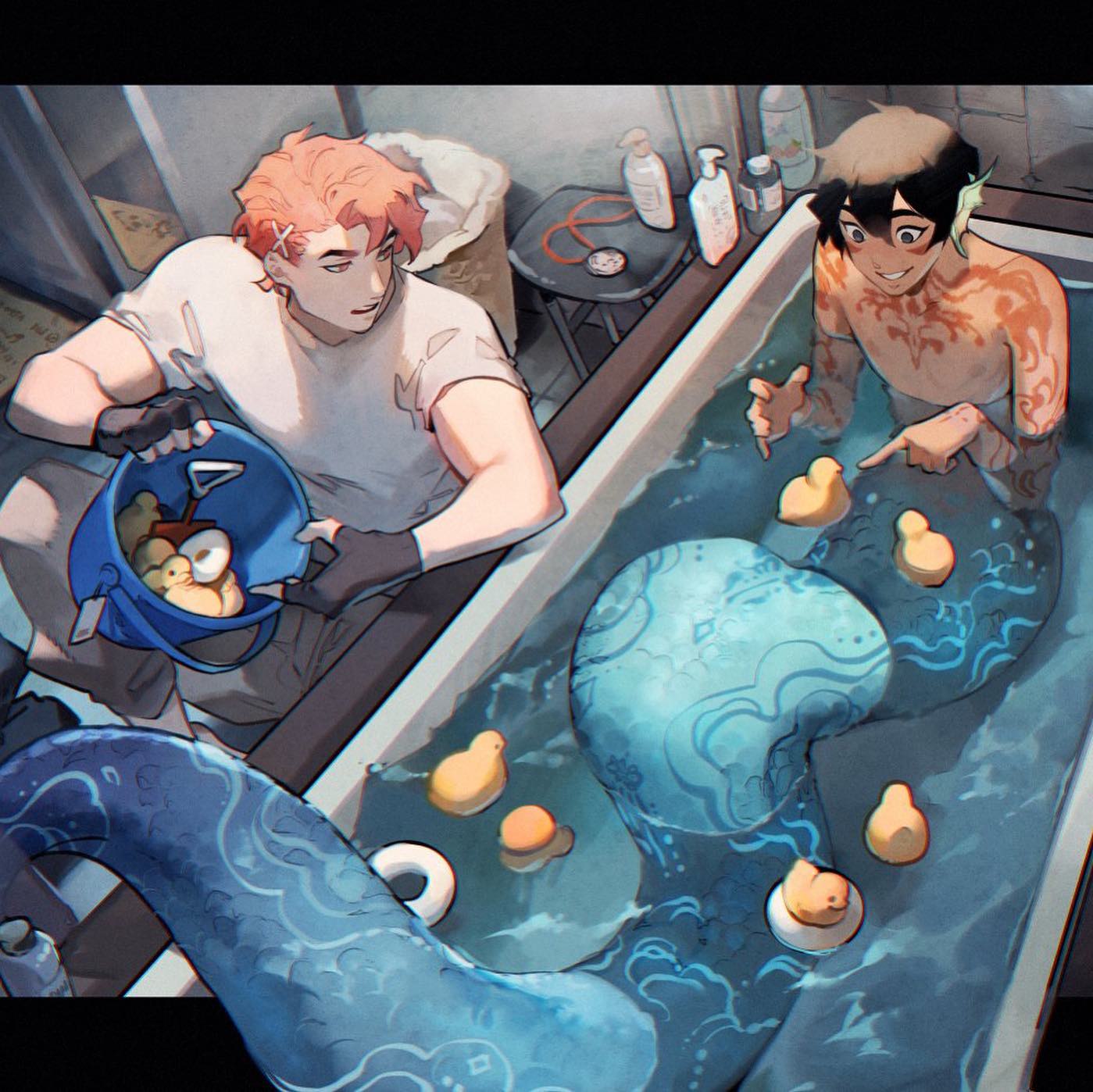 the digital illustration depicts a whimsical scene in a bathroom. two men are the focal point. one man with orange hair is casually dressed and is filling a blue bucket with small yellow rubber duckies. he's wearing gloves and seems to be helping the second man. the second man has dark hair and intricate tattoos, and is partially submerged in a bathtub, possessing a long, beautifully detailed blue and teal mermaidlike tail. he's playfully interacting with more rubber duckies floating in the water. the overall style is fantasyinspired, with a soft color palette and painterly digital effects. the background suggests a slightly rundown but cozy interior space. the mood is relaxed and lighthearted, suggesting a playful interaction between the two characters.