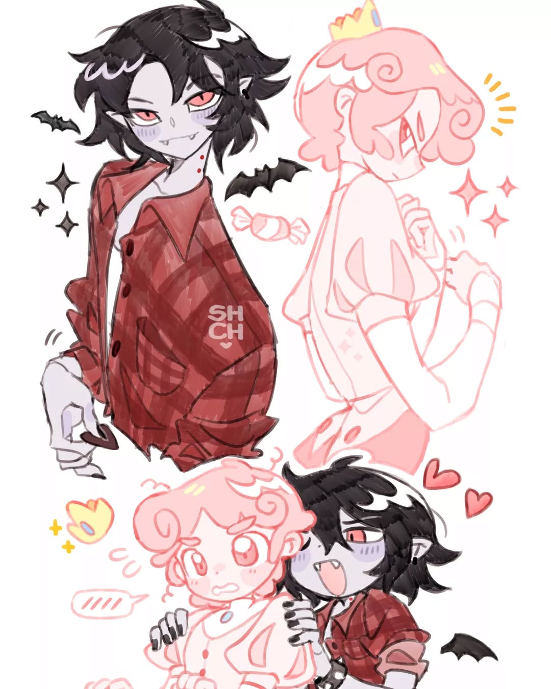 the image is a vibrant piece of fanart depicting marceline the vampire queen and princess bubblegum from the cartoon network show adventure time.  it's styled in a cute, chibilike manner with soft, pastel colors.  the artwork features two different depictions of the couple: a larger, more stylized image showing marceline in a red plaid shirt and princess bubblegum in a pink dress, and a smaller, more intimate image of the pair cuddling,  the style is reminiscent of anime and incorporates various whimsical elements like bats, hearts, and candy. the overall mood is lighthearted and romantic, showcasing the popular ship between the characters.  the artist's signature "sh ch" is visible on the image.