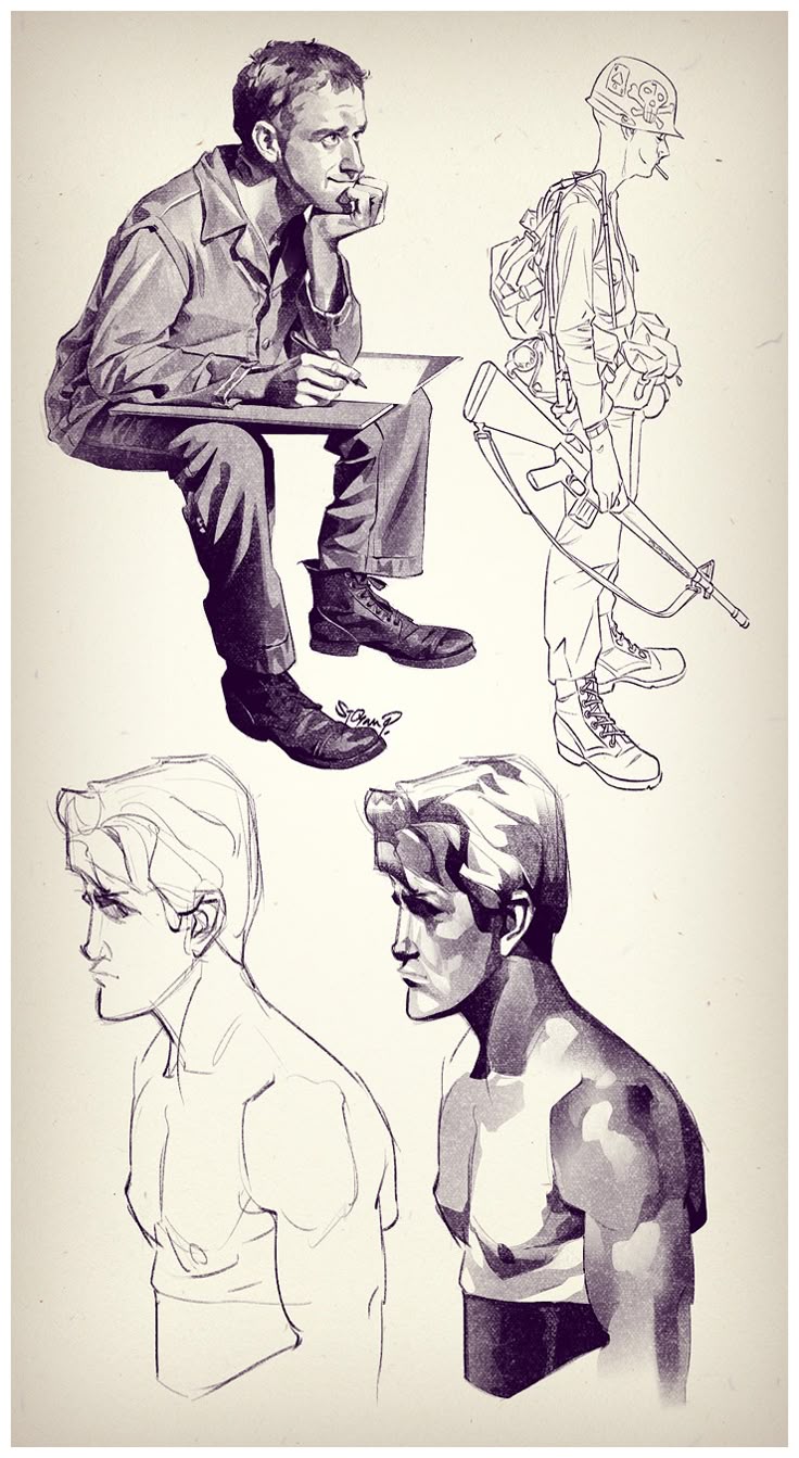 the image is a collection of sketches of figures in various poses and styles. the top left shows a man sitting with a clipboard, looking pensive and writing. next to him is a soldier with a rifle and backpack. below are two portraits of the same man, one as a simple line drawing and the other shaded with tone.