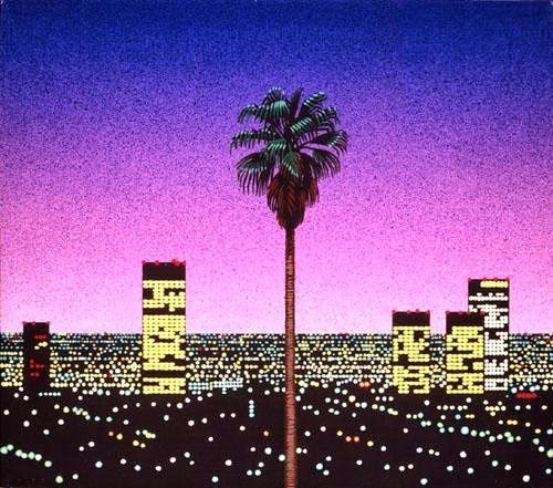 this image features a vibrant cityscape bathed in the warm hues of sunset. a single palm tree stands tall in the foreground, its silhouette a striking contrast against the vivid pink and purple sky. in the background, skyscrapers pierce the sky, their windows glowing with a soft, almost neonlike light. the scene evokes a retrofuturistic atmosphere, reminiscent of the 80s and 90s, and hints at the allure of urban life.
