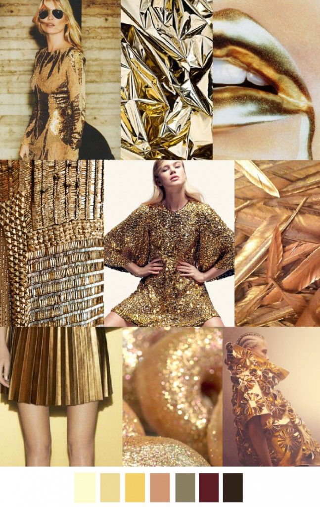 this is a fashion mood board with a golden theme. it features different images of gold fabric, textures, patterns, and clothing. there is a model wearing a gold dress, a close up of golden lips, and a collage of different gold patterns. the mood board also includes a color palette with shades of gold.