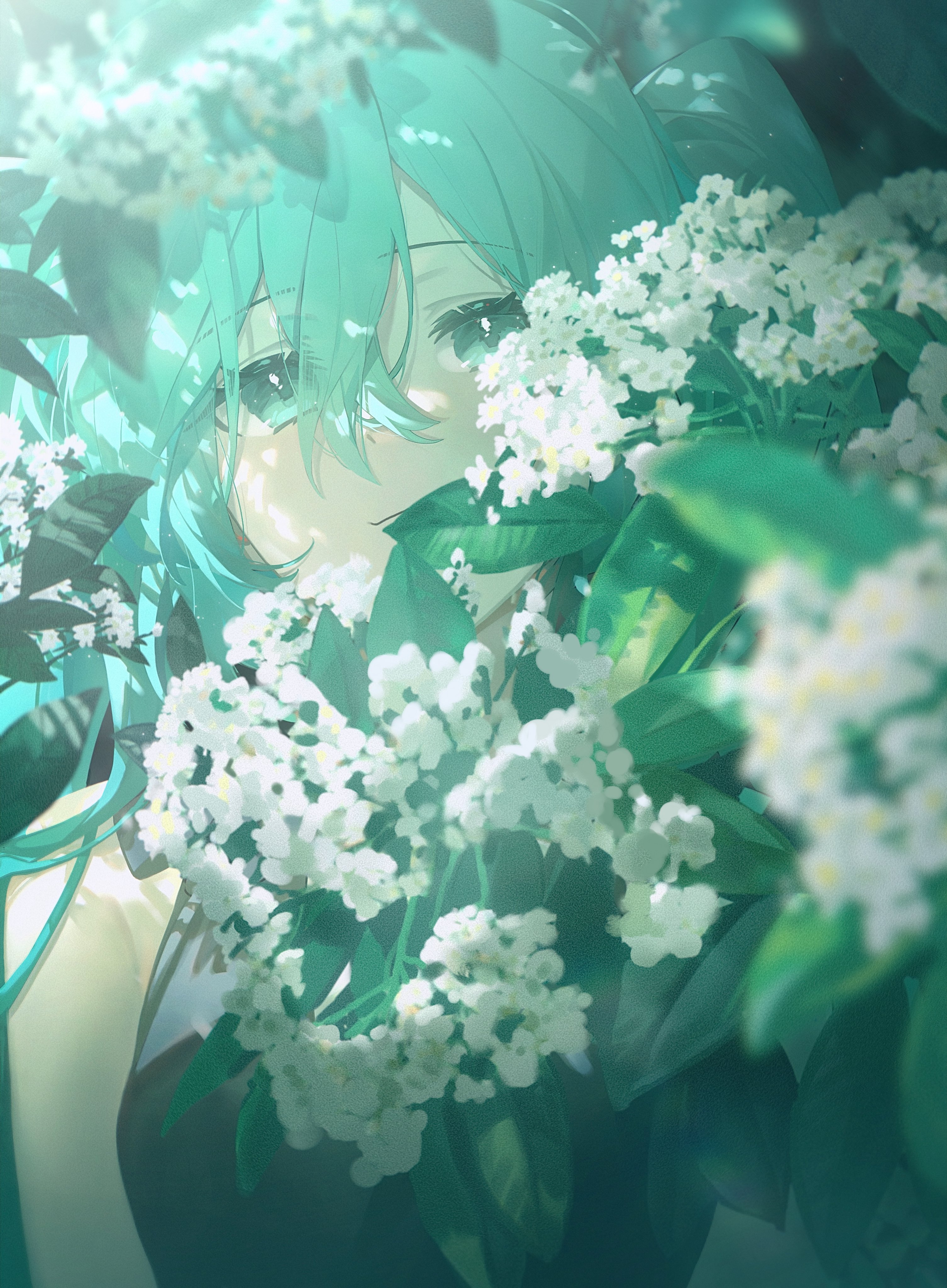 an animestyle illustration shows a girl with long, flowing green hair partially obscured by clusters of white flowers and green leaves. her face is partially hidden, with only her eyes and a hint of her cheek visible. the lighting gives a soft, ethereal glow to the scene, highlighting the white flowers and creating a peaceful atmosphere.