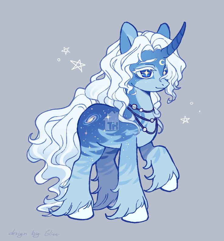the image is a digital illustration of a stylized pony or unicorn. the creature is predominantly blue and white, with its coat displaying a celestial pattern resembling a galaxy and stars.  it has long, flowing white hair and a single horn.  the pony wears a beaded necklace and has expressive, sparkling eyes. the background is a muted light gray, accented by smaller stars. the art style is cute and cartoonish. a watermarklike logo ("th") is visible on the pony's side.  a text credit "design by glitt" is present at the bottom left. the overall impression is one of fantasy and celestial magic.
