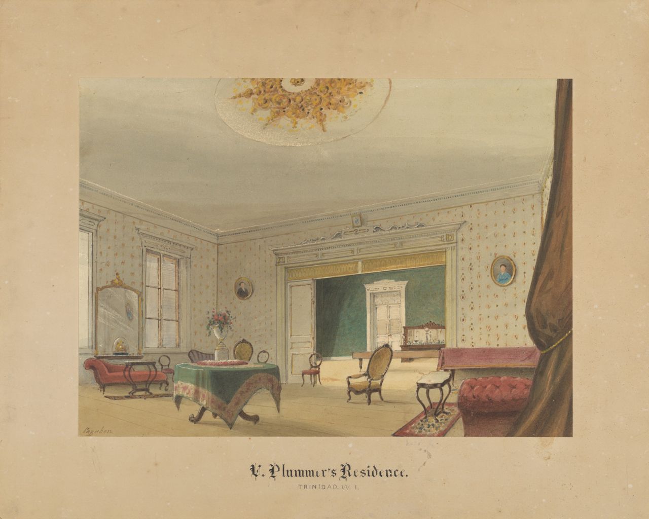 this image is a vintage watercolor painting of the interior of v. plummer's residence in trinidad. the painting features an elegantly furnished living room with chairs, tables, sofas, and a mirror. the room has windows, a portrait on the wall, and decorative ceiling ornamentation. the style and furnishings suggest a historical or vintage setting. the painting is signed "cezanne".