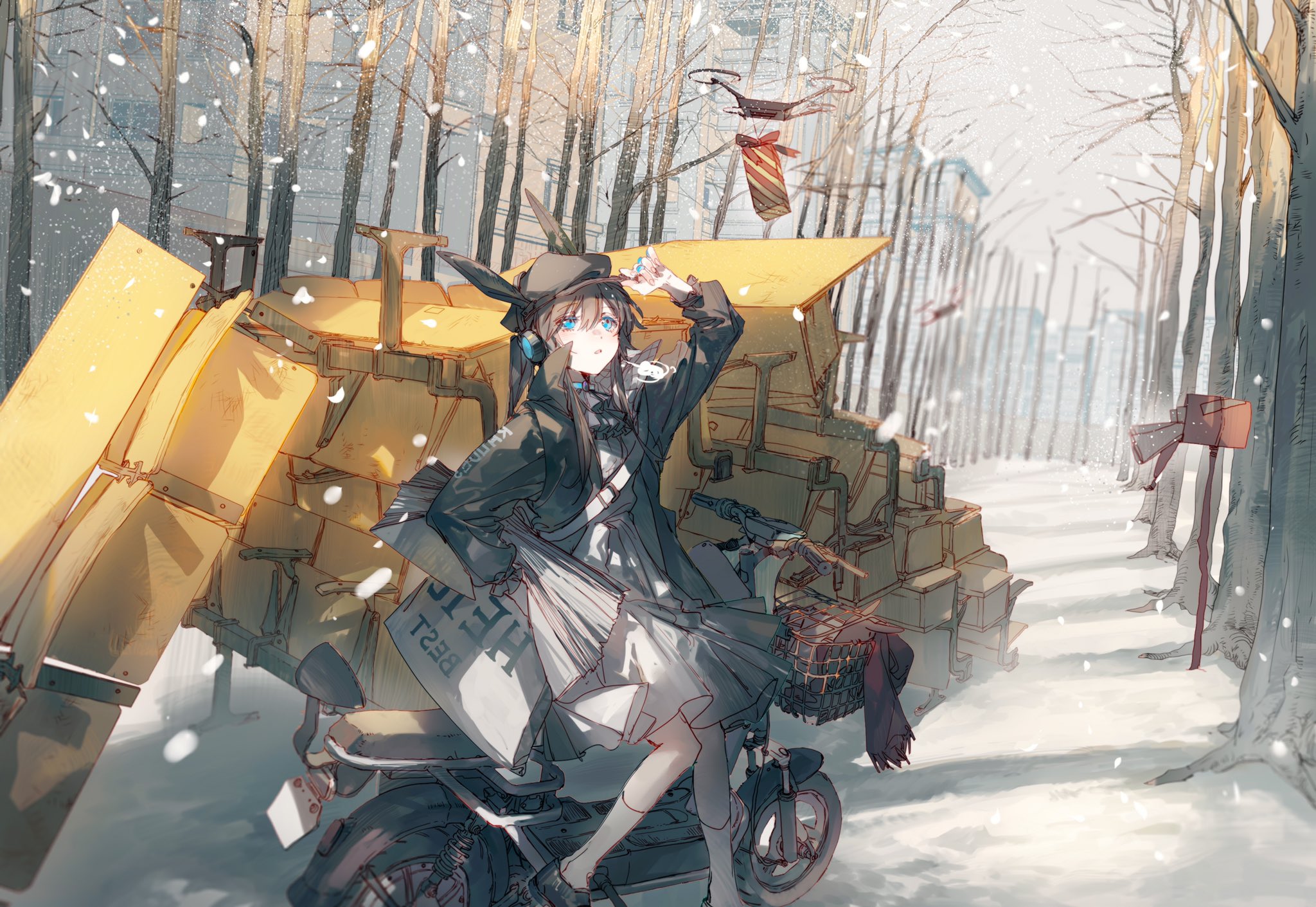 a stylized animestyle illustration features a young girl standing beside a motorcycle heavily loaded with boxes in a snowy, wooded landscape. the girl has blue eyes and is wearing a dark coat, light skirt, and a hat with what appears to be rabbit ears attached. she also wears headphones. she raises a hand to shield her eyes, suggesting she's looking into the distance. the motorcycle is piled high with yellow boxes, giving the impression of a delivery vehicle. the background is a snowcovered road lined with bare trees. several floating packages wrapped with bows hover in the air, adding a whimsical touch to the scene. a mailbox stands to the side of the road. snowflakes are falling throughout the image. the color palette is soft, with muted tones emphasizing the wintery atmosphere.