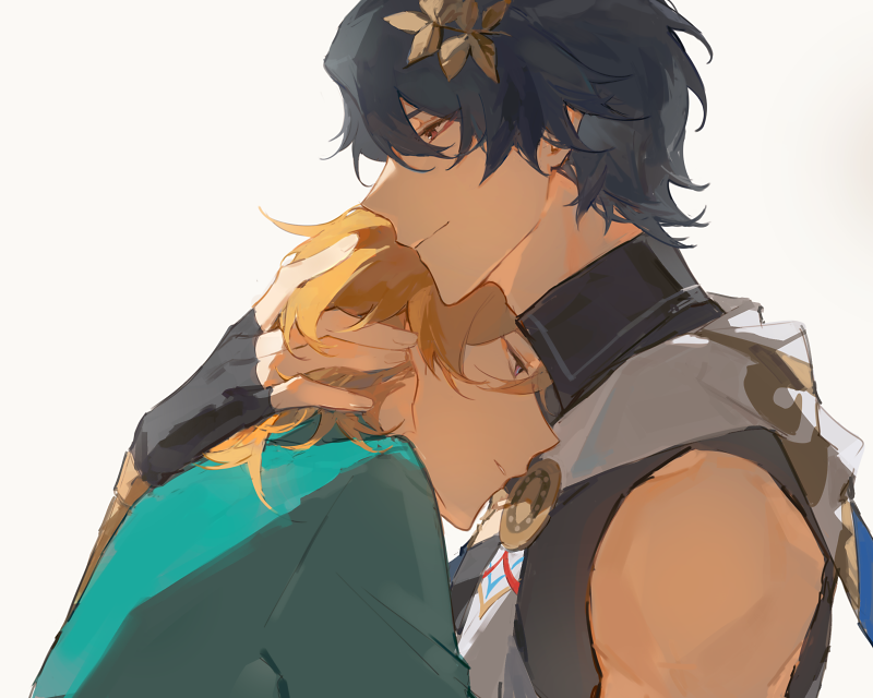 the image features a heartwarming scene of two anime characters embracing each other. the character on the left is a blonde young man with green eyes who is wearing a tealcolored jacket and has his head resting on the shoulder of the character on the right. the character on the right is a young man with black hair, black eyes, and a floral headband. he is dressed in a white and black outfit, and his right arm is wrapped around the blonde character's shoulders. the background is a soft, white gradient, adding to the image's emotional depth and sense of intimacy. the characters' expressions are tender, conveying a feeling of deep care and affection for each other. the overall tone of the image is one of love, warmth, and tenderness.