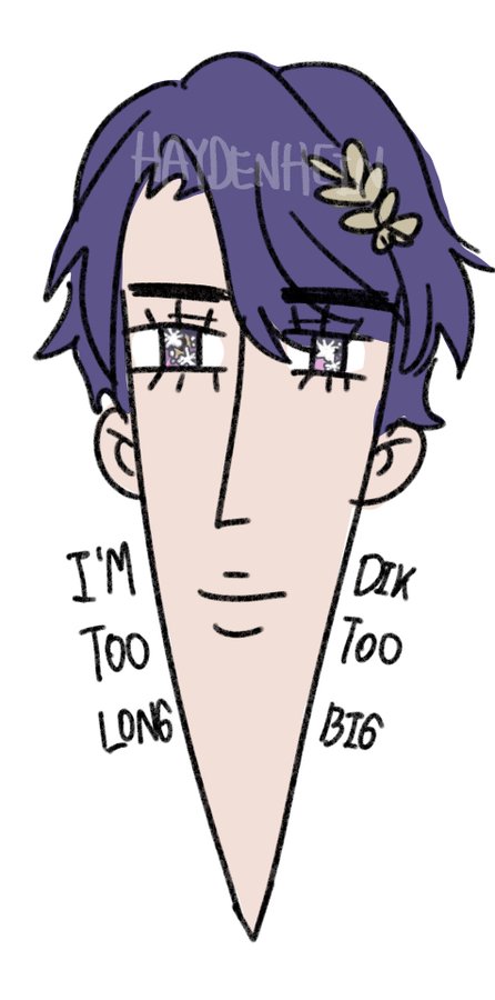 a cartoon illustration of a purple haired character with a long nose and big eyes. the character is smiling and there is text next to the nose saying "i'm too long" and next to the eye "dik too big."