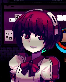 a pixelated anime girl with short red hair, a white collar, and a red bow tie. she has red eyes and a small smile. the background is pixelated and includes purple, white, red, black, and green colors. there is a screen visible in the background with pixelated text and qr codes.