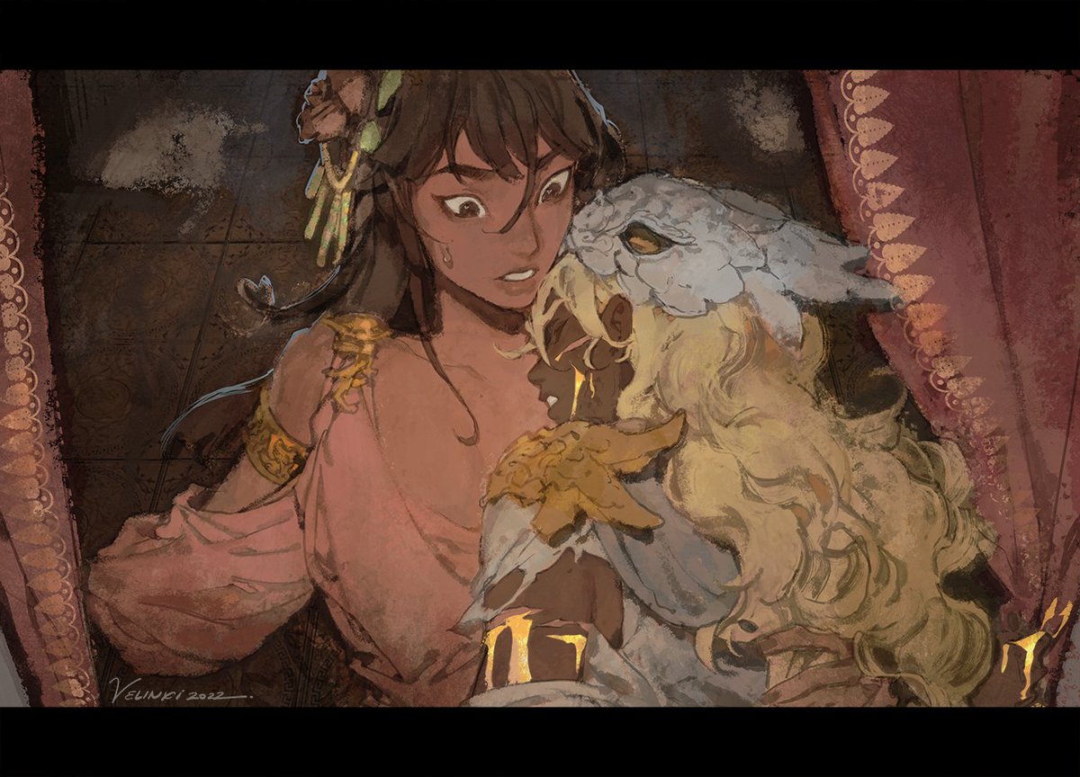 an illustration depicts two women in an emotional embrace. on the left, a darkhaired woman with flowers in her hair and gold jewelry is wearing a light pink dress, and looks concerned. she is embracing a blonde woman wearing a dragonlike mask, whose face is marked with gold and who appears to be crying tears of gold. the background includes an ornate wall and a red curtain. the image is signed "veliniki 2022".