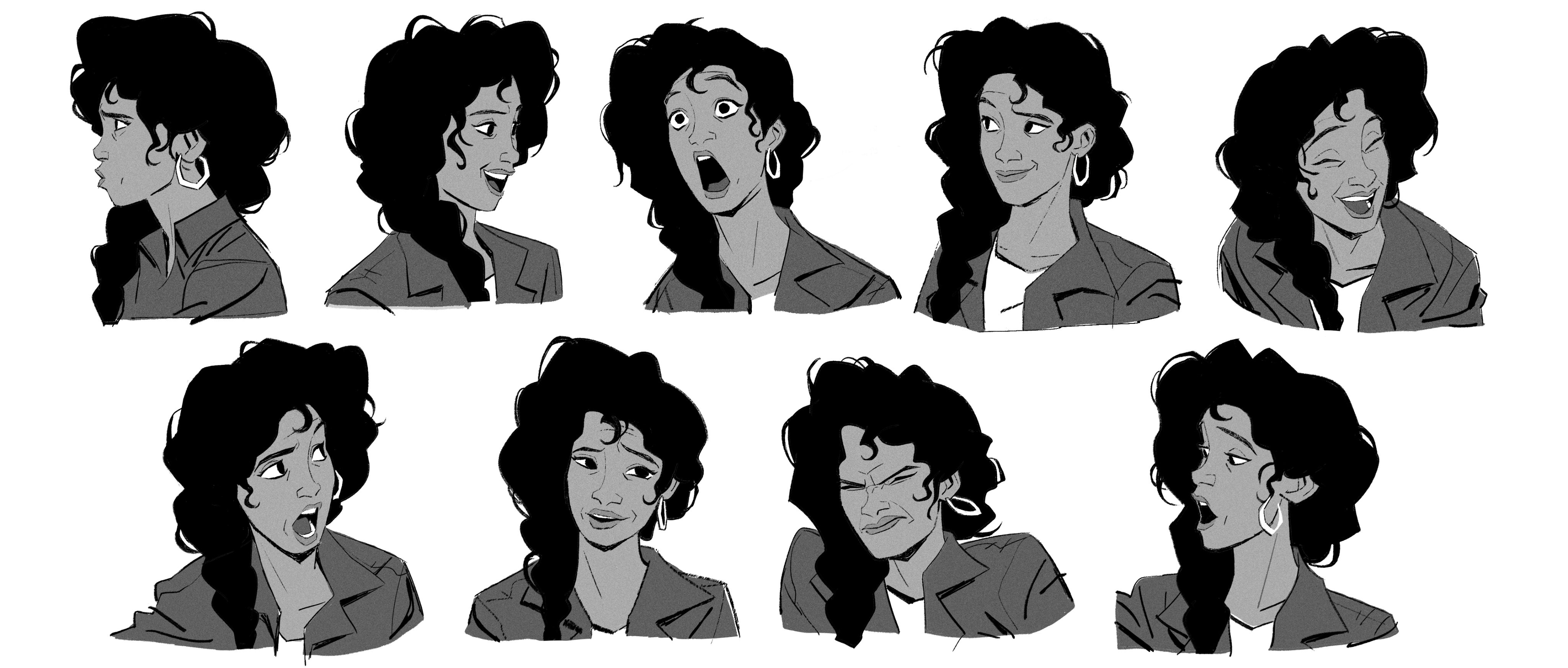 the image showcases a woman's face in eight different expressions. each expression portrays different emotions and features, including smiling, concern, surprise, confusion, and anger. the black and white style adds a striking visual element to the image, emphasizing the nuances of her emotions. the woman's hairstyle, with its curly texture, complements her facial expressions. the background is simple, allowing the focus to remain on the woman's expressions, making it a great tool for artists and designers to study facial expressions and emotions.
