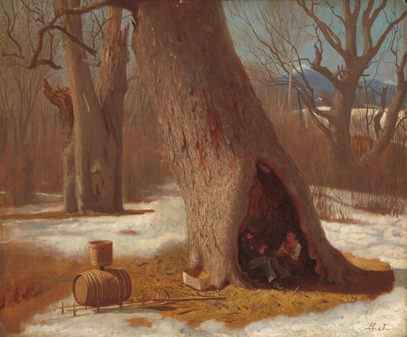 an oil painting depicts a snowy winter scene with a large hollow tree as the focal point. inside the hollow, two figures, possibly a man and a woman, are seated. to the left of the tree, a barrel with a bucket on top sits on the ground, along with tools. in the background are other bare trees and snowcovered fields, and a mountain range can be seen in the distance. the painting is signed in the lower right corner. the style resembles 19thcentury landscape art.