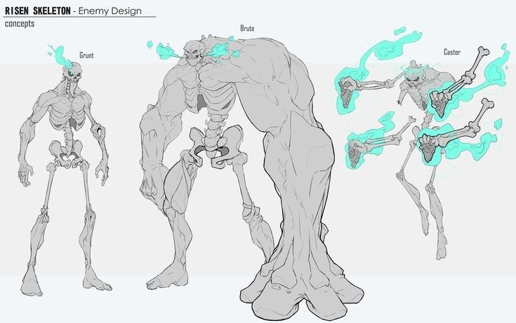 the image showcases concept art for three different types of "risen skeleton" enemies, likely for a video game.  the art style is a clean line drawing with light grey tones.  each skeleton design is labeled: grunt: a relatively standard, slender skeletal figure with light blue ethereal flames emanating from its skull. brute: a massive, powerfully built skeleton with bulky musculature engulfing its bones.  light blue flames are visible near its head. caster: a more agile, smaller skeleton wielding ethereal, light blue energy blasts from its extended arms. multiple positions of the caster are shown to demonstrate the attack animation.the image suggests different enemy types with varying capabilities and sizes, demonstrating varied roles within a potential game's combat system.