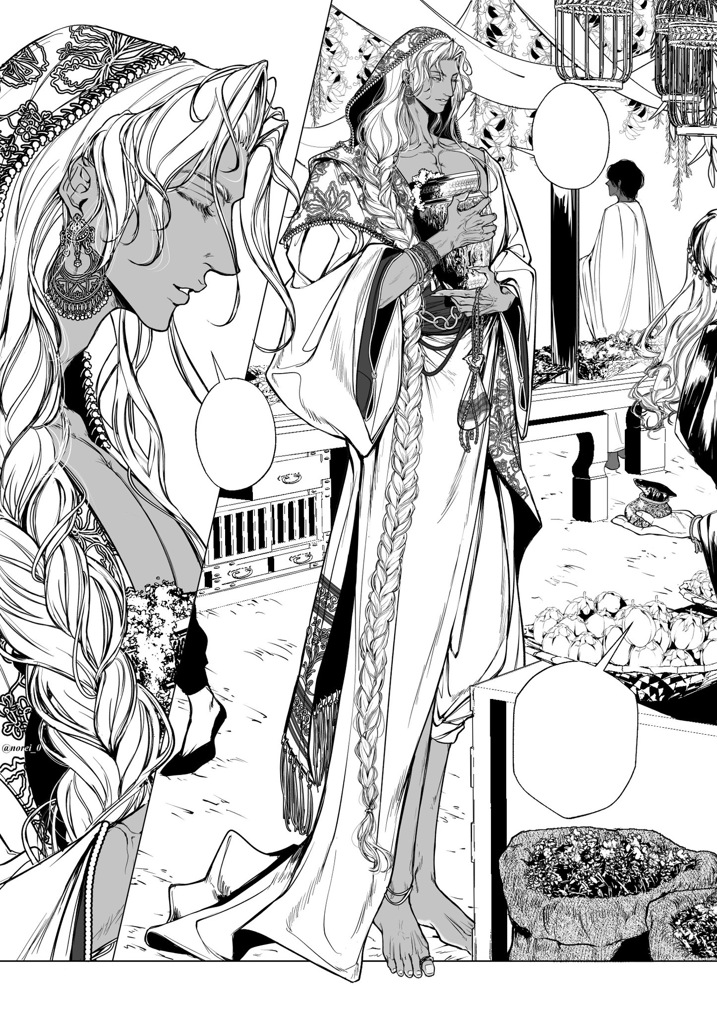 this is a black and white mangastyle illustration depicting two women in elaborate clothing. the woman on the left has long braided hair and ornate earrings, while the woman on the right holds a goblet and wears a flowing robe with a long braid. the setting appears to be an ancient marketplace with various stalls and people in the background. the style is detailed and expressive, suggesting a narrative scene from a fantasy or historical story. the composition features speech bubbles, typical of a comic book.