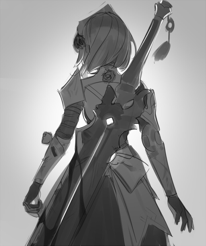 a grayscale digital sketch shows the back of a female warrior. she is facing away from the viewer, and her head is slightly turned. she is wearing armor on her arms and legs, and a long dresslike garment. she has short hair. the most prominent feature is the large sword on her back, which is drawn in more detail than the rest of the image. the hilt of the sword is visible above her left shoulder, and the blade curves down behind her back.  the lighting suggests a bright light source behind the figure. the style is loose and sketchy, focusing on gesture and silhouette rather than detail.