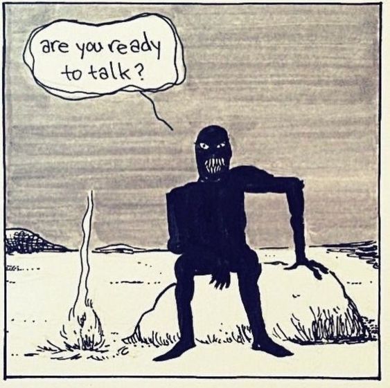 a singlepanel comic showing a dark, featureless figure sitting on a rock in a desolate landscape. a small fire burns behind them. a speech bubble above the figure asks, "are you ready to talk?". the art style is simple, with heavy black lines and minimal detail. the overall tone is ominous and unsettling.