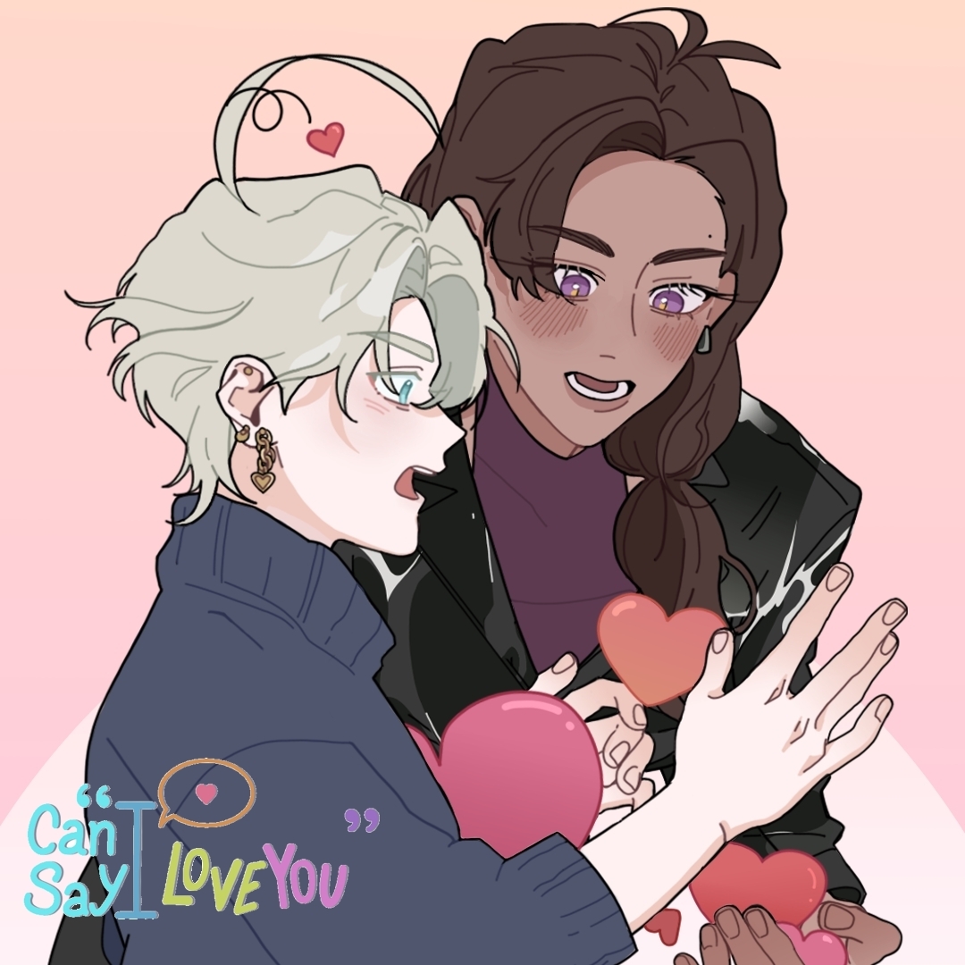 the image is a digital illustration in a style reminiscent of  manhwa or webtoons, depicting a romantic scene between two young men. the man on the left has lightgrey hair and is wearing a dark blue sweater. the man on the right has dark brown hair and is wearing a black leather jacket over a purple top. they are close together, possibly hugging or embracing, with several pink hearts floating around them, symbolizing affection and love. the overall aesthetic is cute and romantic.  text overlay reads: "can i say i love you?" the style is a blend of anime and western comic book influences. the characters have expressive faces and detailed clothing. the background is a soft pink.