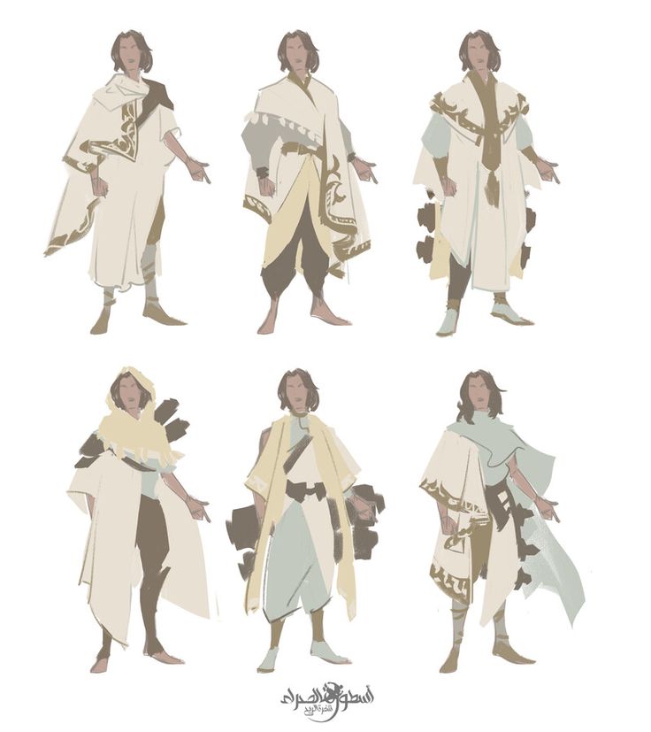 the image showcases six variations of a male character design.  each character is depicted in a different style of loosefitting, flowing robes and cloaks with variations in color, details (such as hoods and belts), and the overall drape of the clothing. the style leans towards fantasy or medieval attire, with a muted color palette of beige, brown, and offwhite tones. the designs show different approaches to the same basic outfit concept, indicating a design exploration phase where different possibilities are being considered. the style of the art is painterly and digital, with soft shading and subtle details. a watermark or artist signature appears at the bottom of the image.