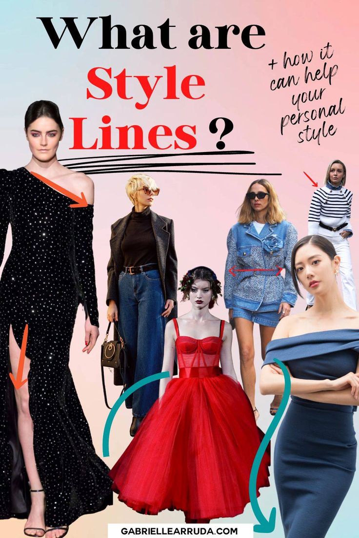 the image is a fashion collage showcasing different styles and design elements related to style lines. it includes images of women wearing various outfits, such as a black sparkly gown with a thighhigh slit, a red tulle dress, a denim outfit, a striped shirt with white pants, a blue offshoulder dress, and jeans with a jacket. text overlay includes the question "what are style lines?" along with "+ how it can help your personal style." the images are meant to visually demonstrate different style lines and how they appear in various types of clothing.