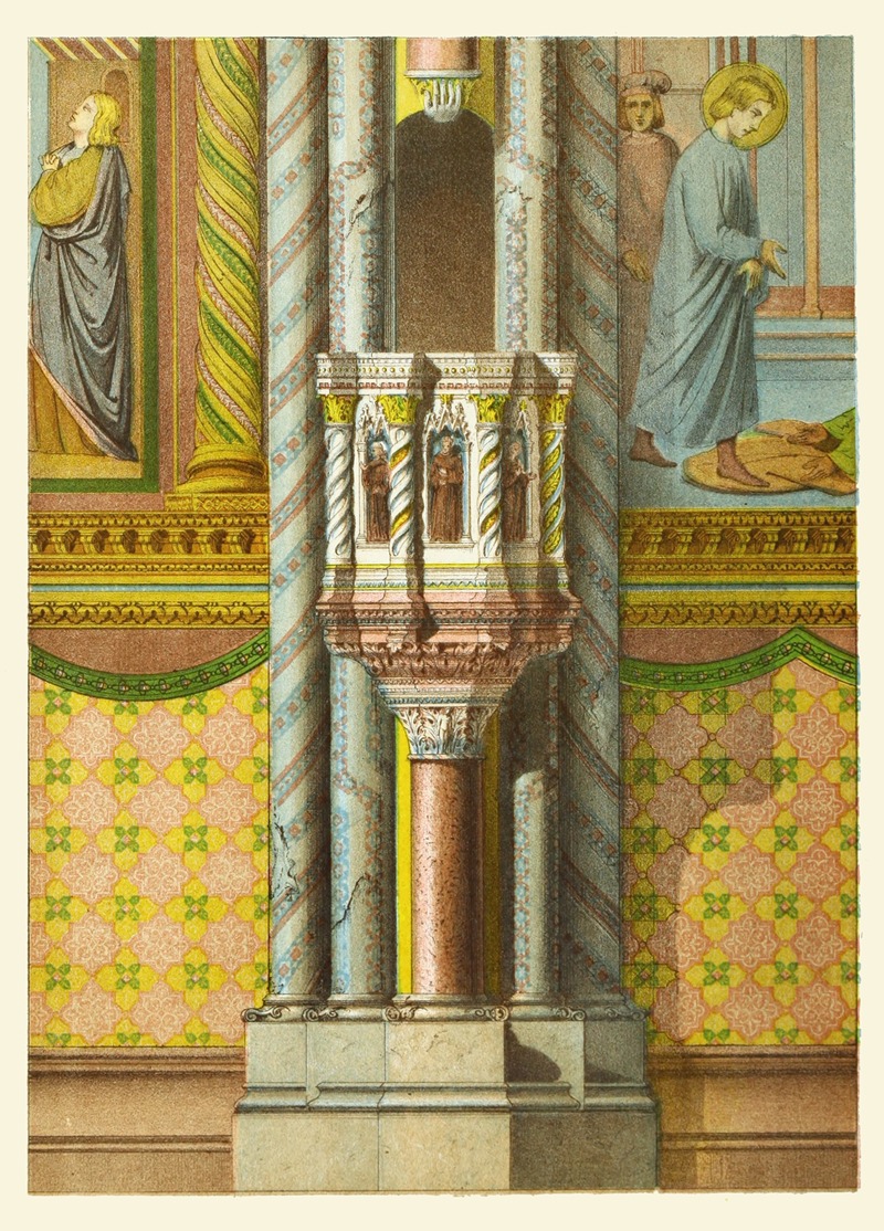 this image is a drawing of the interior of a church or cathedral, showing a pulpit in the center, with religious frescoes on the walls flanking it. the pulpit is ornate, with small columns and statues. the walls are decorated with patterns and paintings of religious figures. the image has a vintage, illustrative quality.