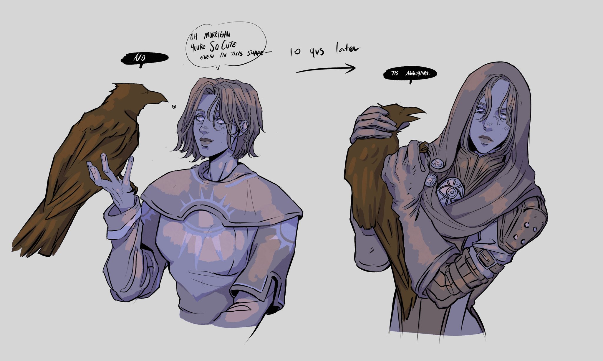 the image is a comicstyle character design of a woman with a bird, showing a "then and now" concept. in the first panel, the woman is younger and holding the bird gently while saying "oh morrigan, you're so cute even in this shape". the bird replies "no". an arrow is pointing to a second panel where the text indicates "10 years later". in the second panel, the woman is older, wearing a hood, and holding the bird, appearing more serious. the bird says "tis annoying.".