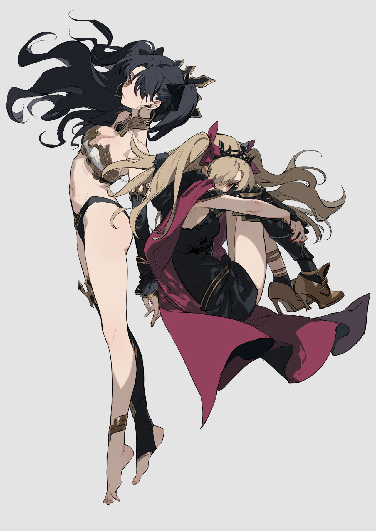 an animestyle illustration featuring two female characters, likely rin tohsaka and ereshkigal from fate/grand order. rin, with long black hair and wearing a skimpy bikini and jewelry, stands tall and barefoot. ereshkigal, with blonde hair and red ribbons, is depicted clinging to rin, wearing a dress, cape, and high heels. they appear to be in a fantasy setting.