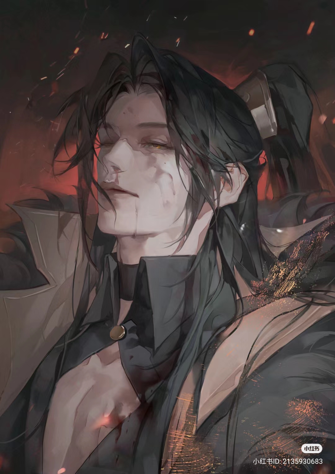 the image is a digital illustration of a man with long black hair tied back. he has a serious expression, and his face and clothes are marked with blood and scars. he is lit warmly from the front, with a dark and dramatic background.