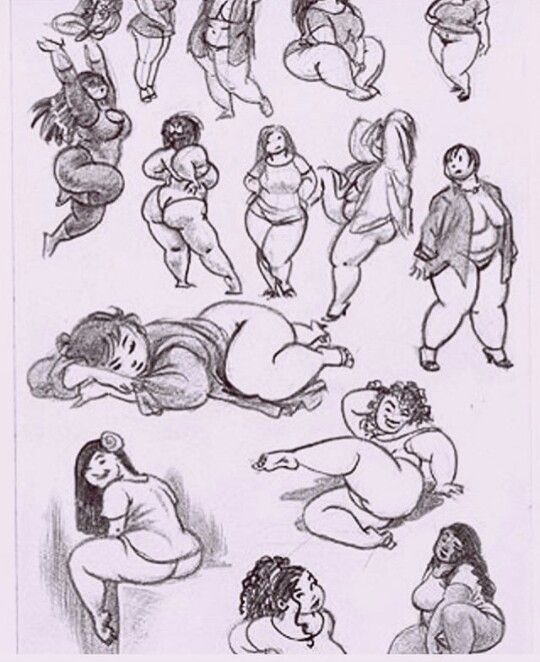 a black and white illustration of a group of women drawn in a cartoon style. the women are all different shapes and sizes and are shown in various poses.