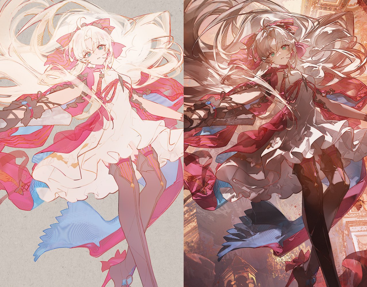 the image presents a sidebyside comparison of two versions of an animestyle female character illustration.  the character is depicted in a flowing, pink and white dress with long white hair and red ribbons in her hair.  she has a graceful pose with her long hair and the fabric of her dress swirling around her.  the left image appears to be an earlier or sketch version, while the right shows a more finished piece with added detail, coloring, and background elements. the background on the right depicts what looks like ruins or an ancient building, adding to the fantasylike atmosphere. the difference between the two versions highlights the artistic process, showing the transition from a sketchlike phase to a fully rendered piece of artwork.