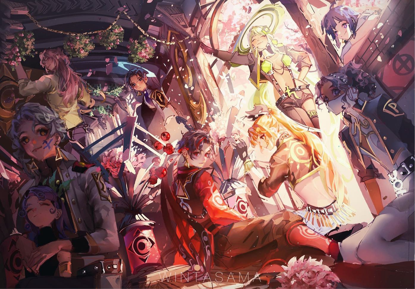 he image is a vibrant digital painting or illustration, likely fanart, featuring a group of animestyled characters.  the style is expressive and detailed, with a rich color palette and intricate designs on the characters' clothing. the scene is set in what appears to be a festive or celebratory setting, possibly outdoors given the presence of cherry blossoms or similar flowers scattered around. the characters are diverse in appearance and attire, each with a unique personality expressed through their poses and expressions. the background is partially obscured but suggests a building or structure with decorative elements. the overall impression is one of fantasy and imagination.  a watermark is visible indicating the artist.