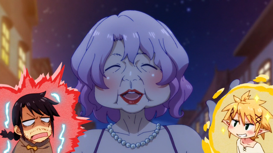 the image is a colorful anime drawing of three characters. in the center of the image is a woman with long purple hair who is laughing with her eyes closed. she is wearing a white dress with a pearl necklace. to the left of the woman is a man with black hair and a red aura around him. he is looking at the woman with a shocked and surprised expression. to the right of the woman is a boy with blonde hair and yellow aura around him. he is smiling and looking to the right. the background is a dark, night scene of a city with buildings. the image is full of color and motion, and it is a fun and exciting scene.