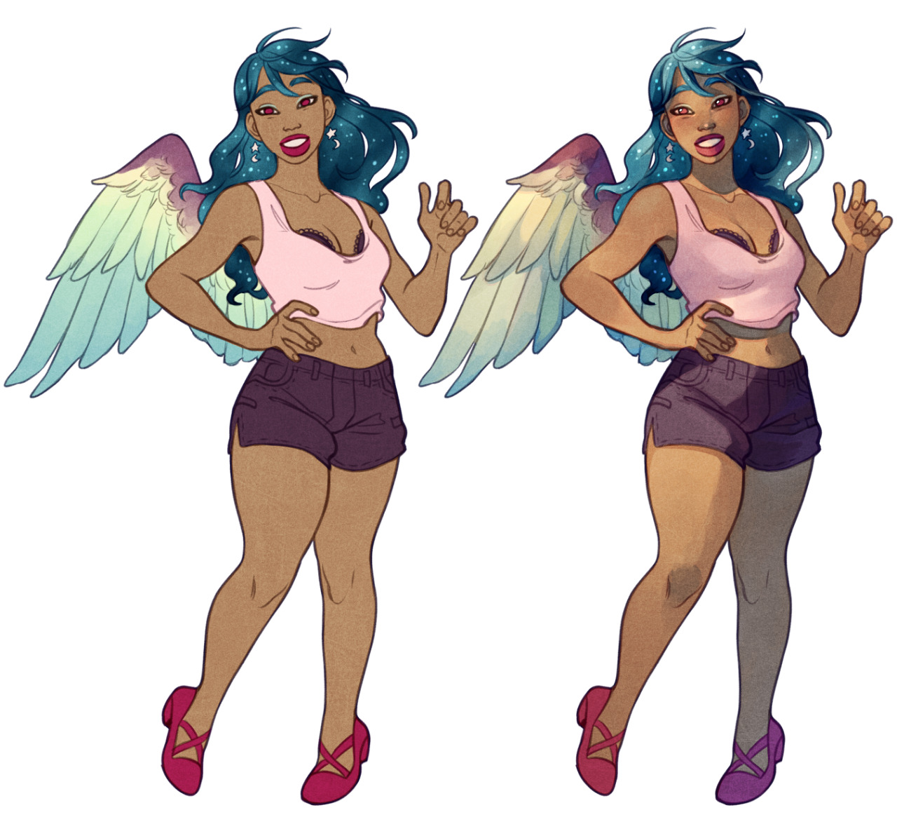 two slight variations of the same digital illustration of a black woman with large, multicolored wings. she has teal hair with dark roots and streaks of purple, and is wearing a pink tank top, denim shorts, and red heels.  she is posing with one hand on her hip and the other in a peace sign. the image on the right features slightly heavier lineart and more saturated colors.