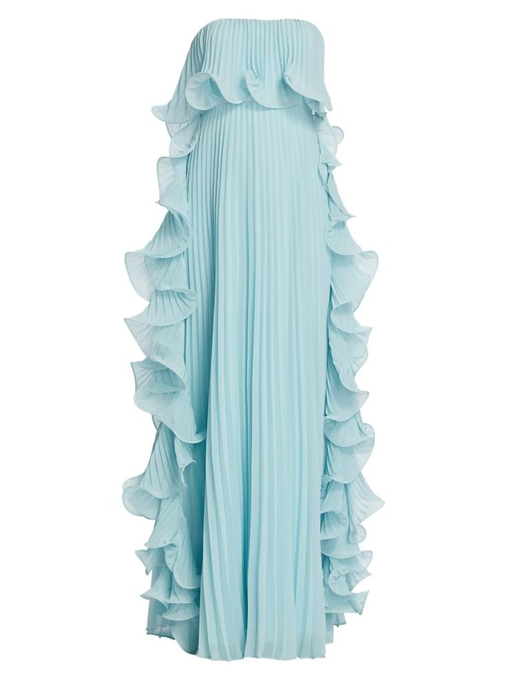 a strapless, light blue gown with ruffles and pleats is isolated on a white background. the dress is floorlength and features a fitted bodice that transitions into a flowing skirt. the ruffles cascade down the side of the dress, adding a touch of drama and movement. the pleats create a textured effect and add to the overall elegance of the gown.
