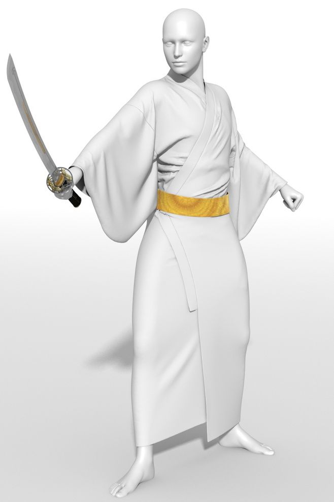 a 3d render of a fictional samurai warrior in a white kimono, holding a katana in a fighting pose.