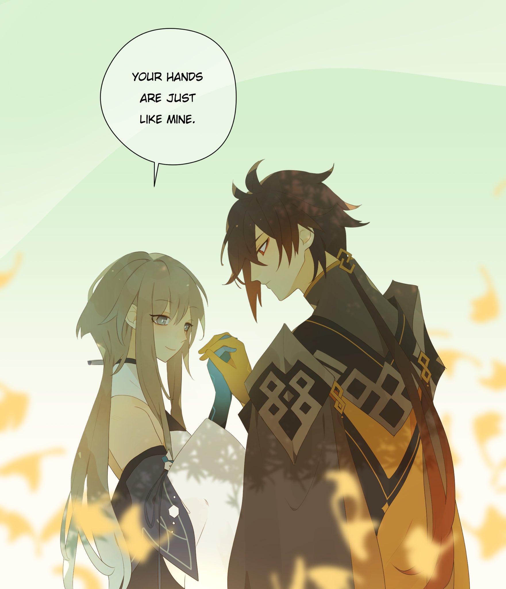 this is an anime illustration of two characters in a romantic setting. they are holding hands and smiling at each other. the male character is wearing a black and yellow outfit while the female character is wearing a white outfit. the background has a green, yellow, and brown color scheme. the text in the speech bubble says "your hands are just like mine."  this image suggests that the characters are in a romantic relationship and are enjoying each other's company.