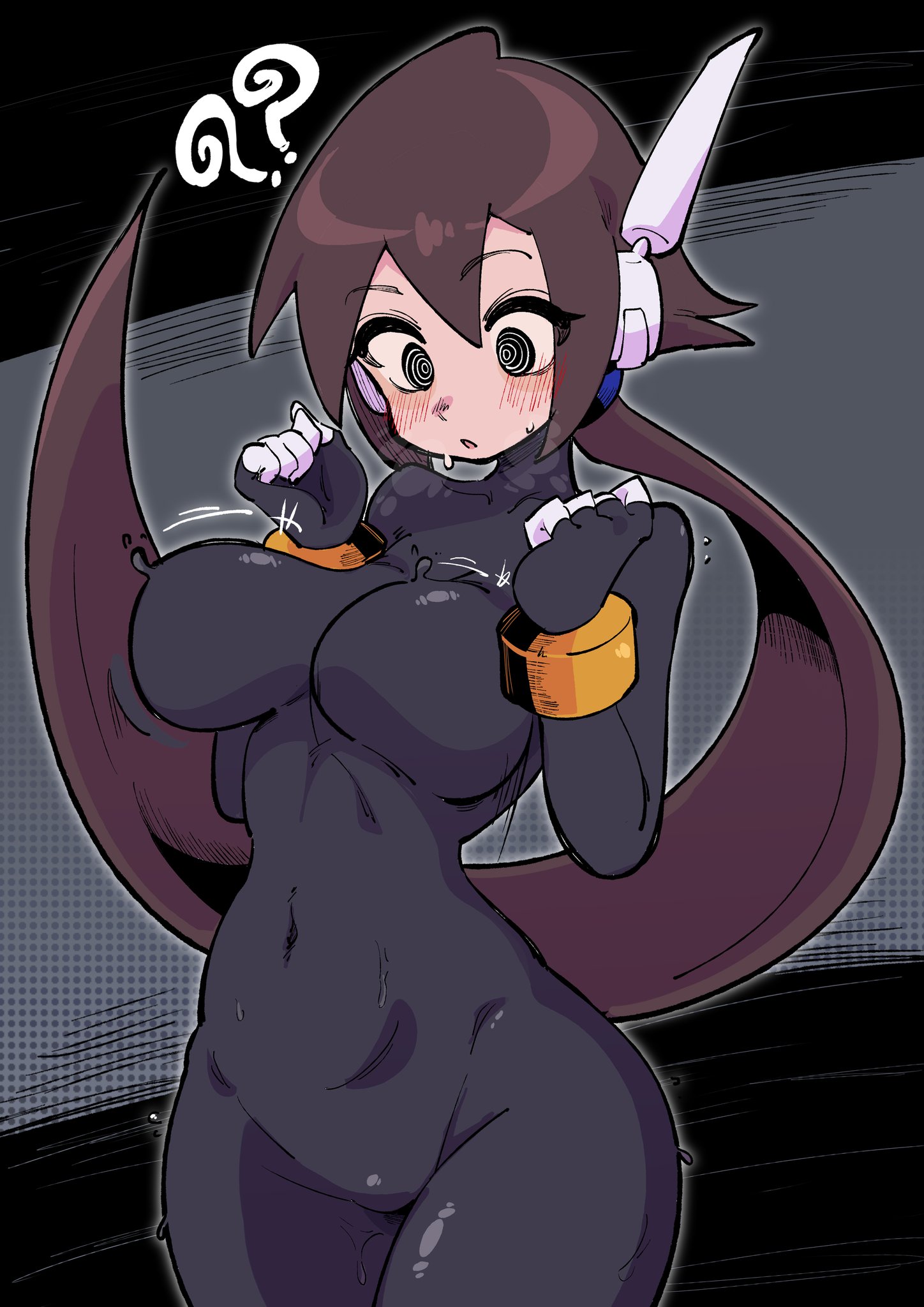 a cartoon anime girl with purple and black hair in a black suit is floating with her hands on her hips and with a confused expression. the words "??" are floating above her head. the background is a grey and black halftone design.