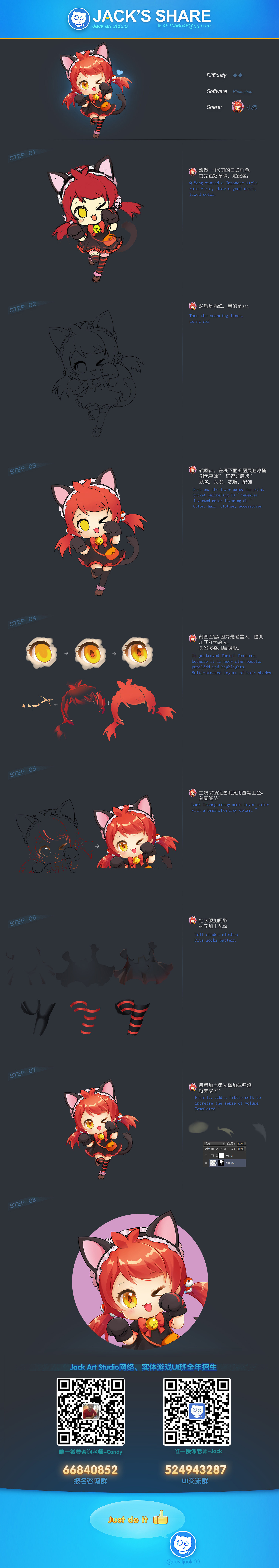the image showcases the stepbystep creation process of a digital cartoon catgirl character, likely designed as an avatar or emoticon for a digital platform. the character, drawn in a cute, "chibi" anime style, is presented against a dark background.  each stage of the design process, from the initial sketch to the final rendering, is laid out vertically, offering a glimpse into the artist's workflow. the palette is vibrant, primarily utilizing shades of red, yellow, and black.  two qr codes at the bottom suggest potential links to download or learn more about the character or the platform it belongs to.
