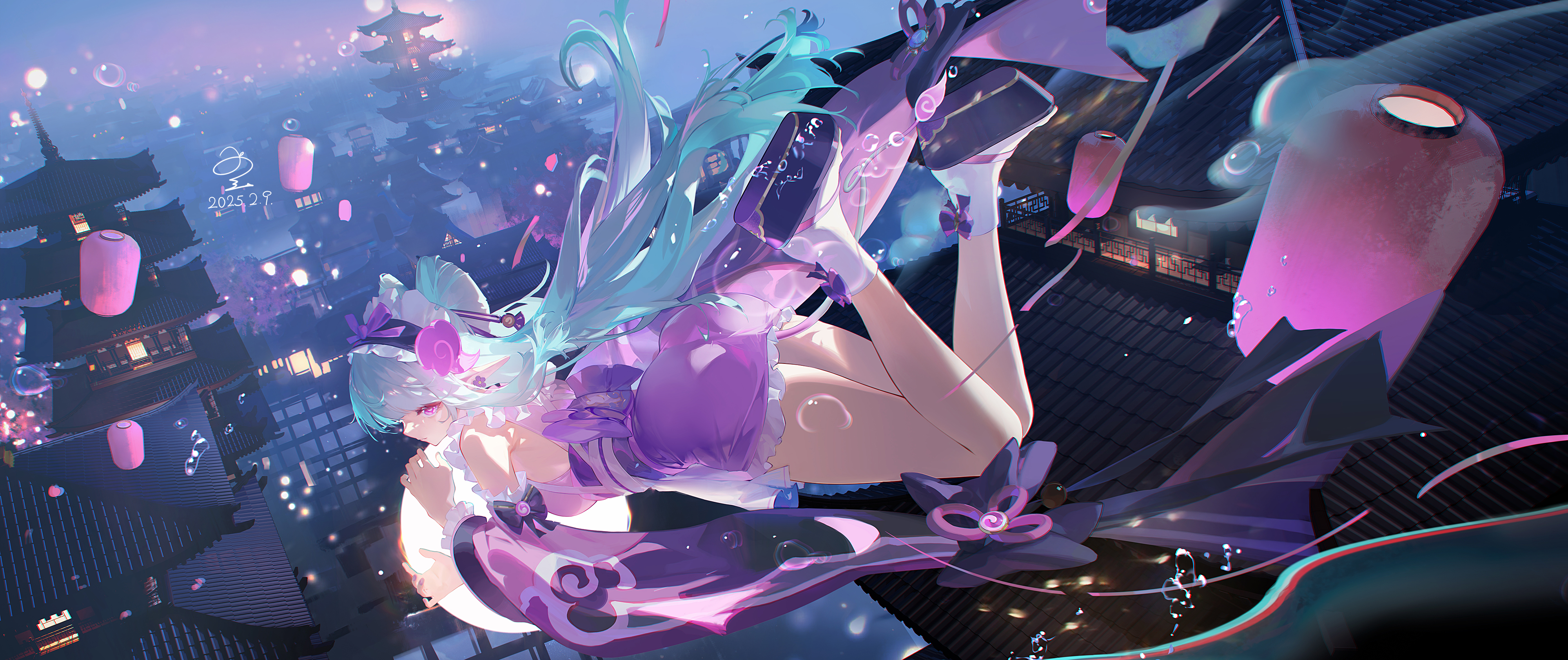 an anime girl with turquoise hair and wearing a purple and white outfit is floating in the air at night over a city with asianstyle buildings, floating lanterns, and water.