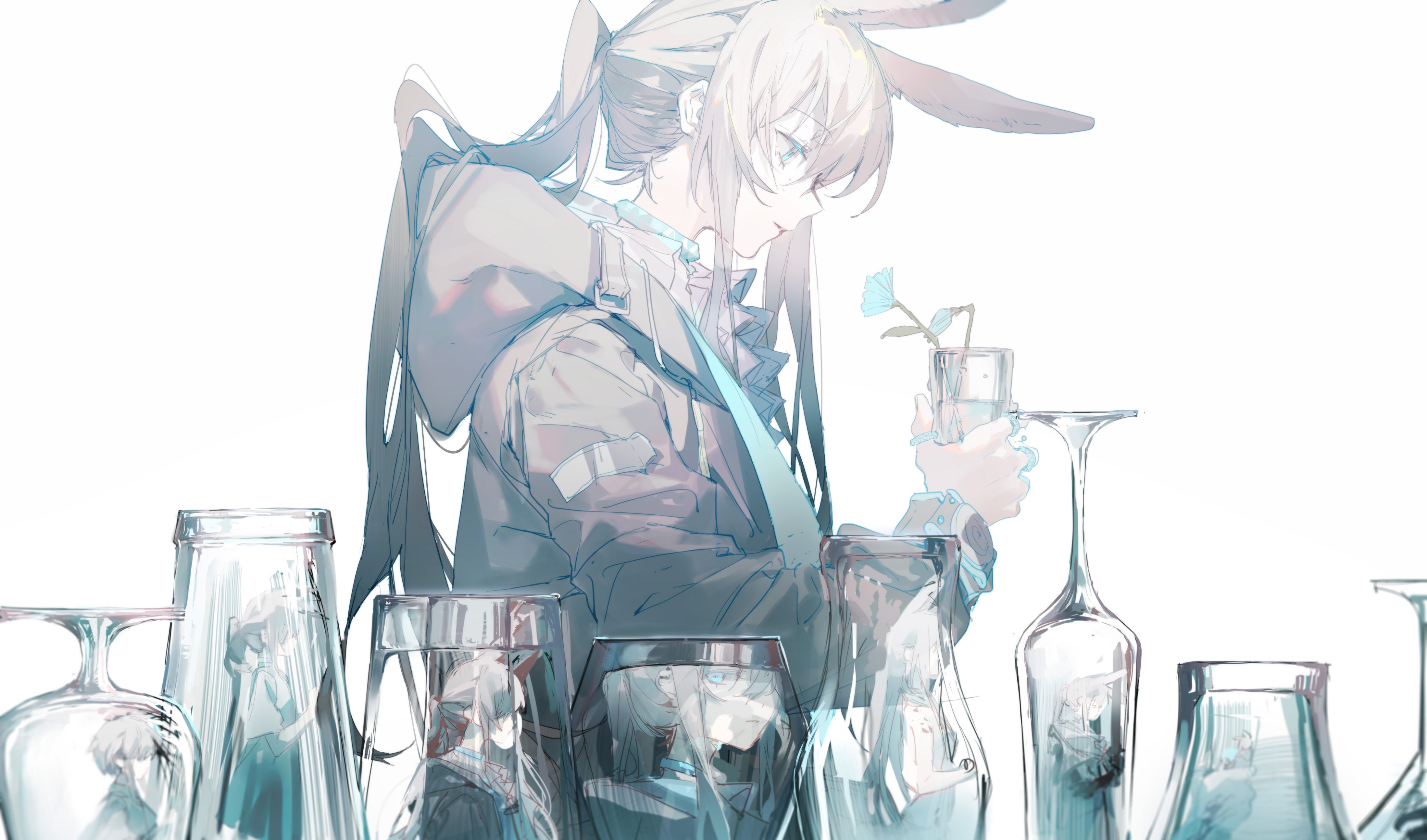 the image features an animestyle drawing of a girl with bunny ears, fair skin, and lightcolored hair held in a ponytail. she wears a jacket with a bandage on the sleeve and is holding a small glass with a blue flower inside. in front of her are multiple glasses of water, each containing a reflected image of what appears to be the same girl in different poses and outfits. the background is a bright white, emphasizing the blue and gray tones of the drawing.