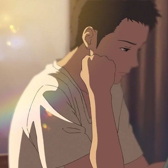 the image shows a young man with short, dark hair, depicted in an anime art style. he is shown from the chest up, positioned in profile and looking downwards. his expression is contemplative, perhaps tinged with sadness. he rests his chin on his fist, seemingly lost in thought. the lighting is warm and evocative, suggesting late afternoon sunlight streaming through a window. this creates a soft, almost melancholic atmosphere.