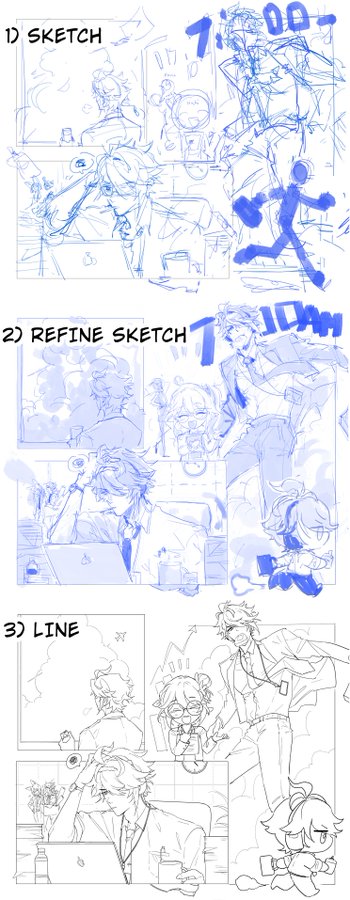 the image shows a drawing of a manga illustration in three different stages of creation. the first stage is a rough sketch, the second is a refined sketch, and the third is a line drawing. the illustration depicts a scene with several characters, including a man with a tie, a woman with long hair, and a child. the image showcases the evolution of a drawing from a rough sketch to a more polished line art.