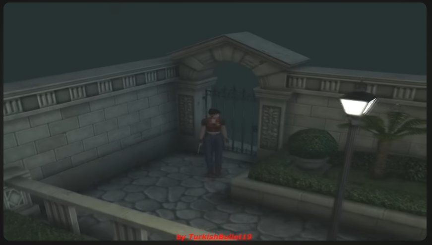 the image depicts a highangle shot from a video game, likely "resident evil." it showcases a courtyard at night, illuminated by dim artificial light. a female character stands on a stone path, facing a gated entrance within a tall stone wall. to the right of the gate is a small garden area with a streetlight. the overall color scheme is dark and muted, contributing to a tense and suspenseful atmosphere.
