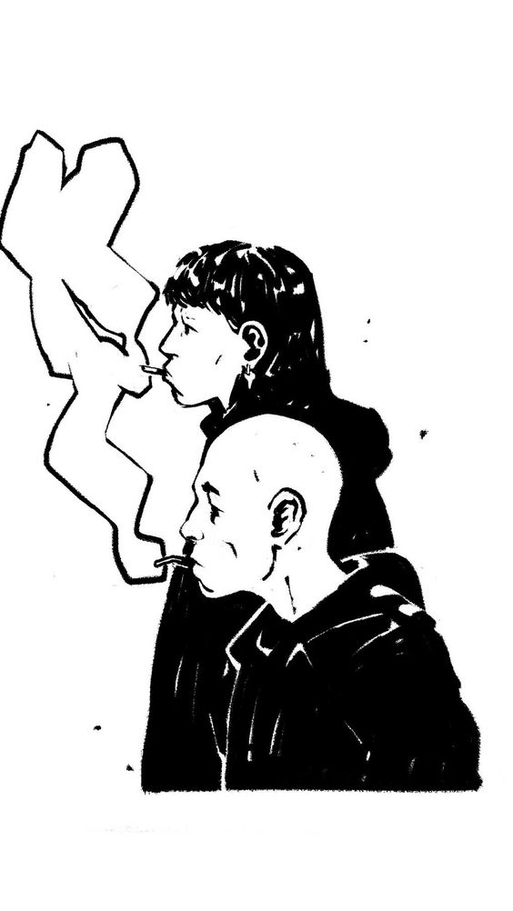 a black and white illustration of a man and a woman smoking cigarettes. the woman is on the left, with her back to the viewer, while the man is on the right, with his face visible. they are both young and casually dressed, with a rebellious look. the illustration is in a line art style, with sharp lines and simple forms. the use of black and white creates a strong contrast and highlights the features of the subjects. the image suggests a sense of coolness and nonchalance, and it is evocative of a particular era or style.
