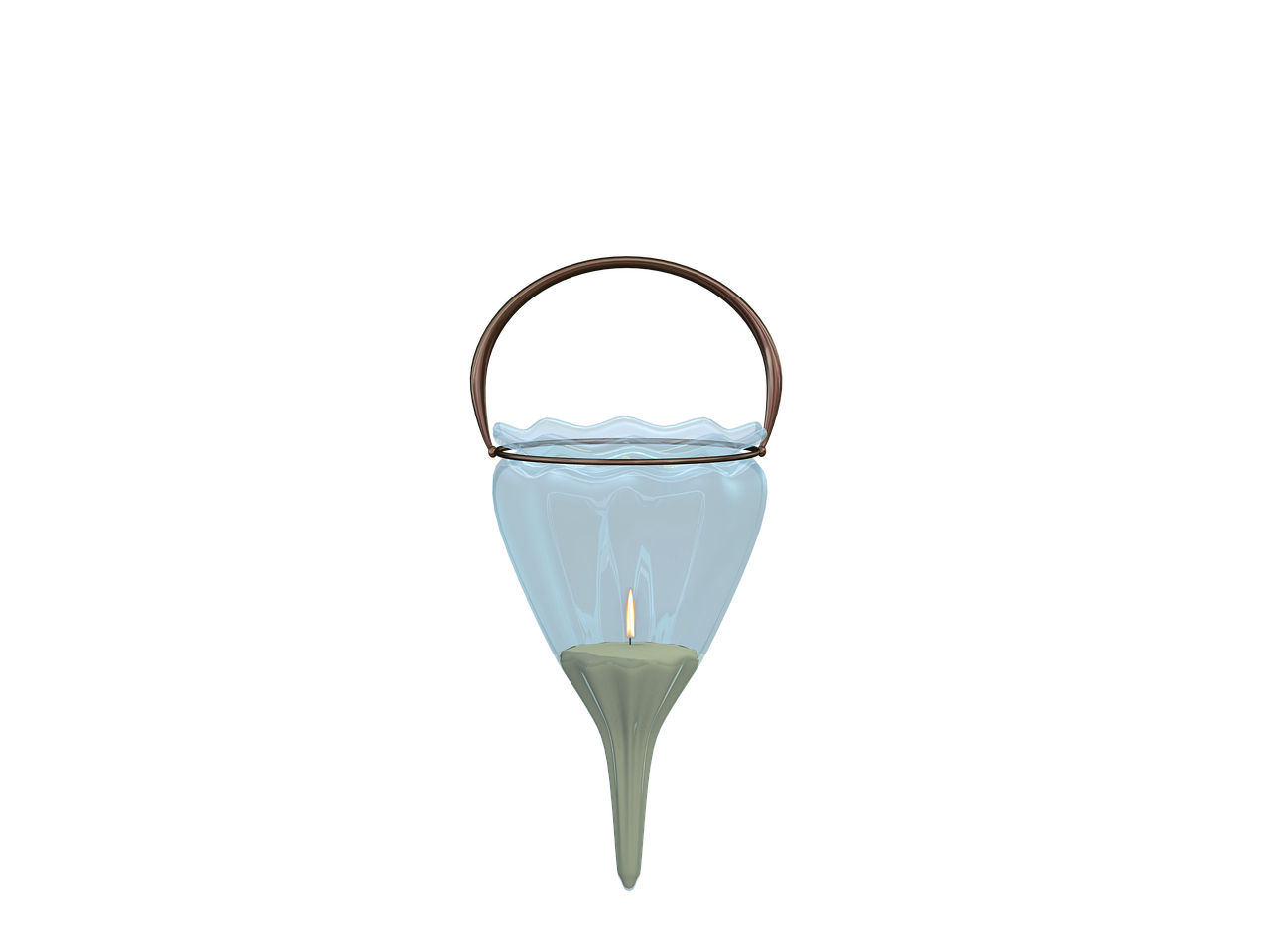 a glass lantern with a copper handle holds a lit candle. the candle sits atop a unique base with a slender, pointed shape. the background is black.
